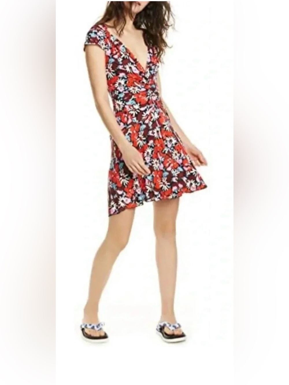 Free People Deep V Key To Your Heart Mini Dress- Red/Multi Floral